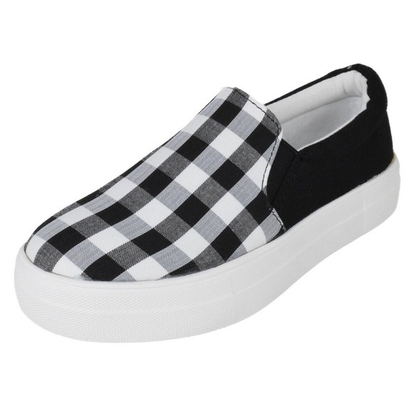 Soda Shoes - Women Slip on Platform Sneakers Black White Plaid Checkered Flats Size 6.5